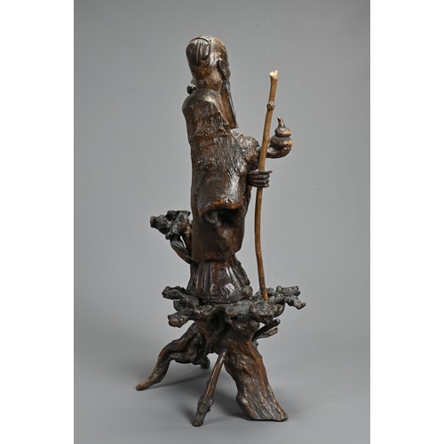 54 - TWO VERY LARGE CHINESE ROOT CARVINGS, 19TH CENTURY. Sectional figures on stands of immortals and buf... 