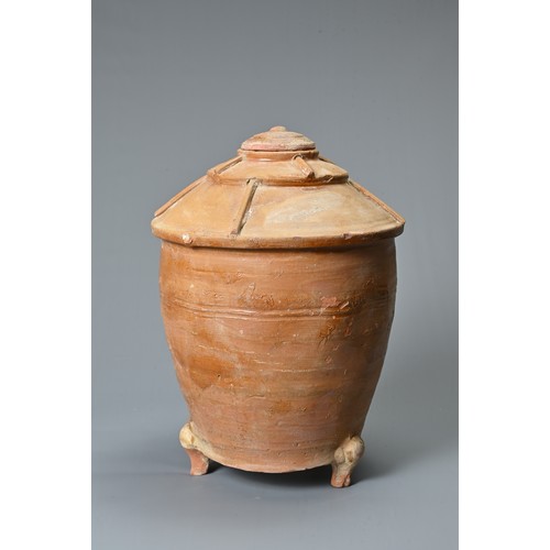 183 - A RARE LARGE CHINESE HAN DYNASTY GLAZED GRANARY JAR WITH COVER. Made from a red pottery and coated i... 