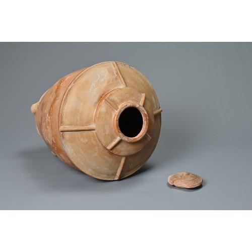 183 - A RARE LARGE CHINESE HAN DYNASTY GLAZED GRANARY JAR WITH COVER. Made from a red pottery and coated i... 