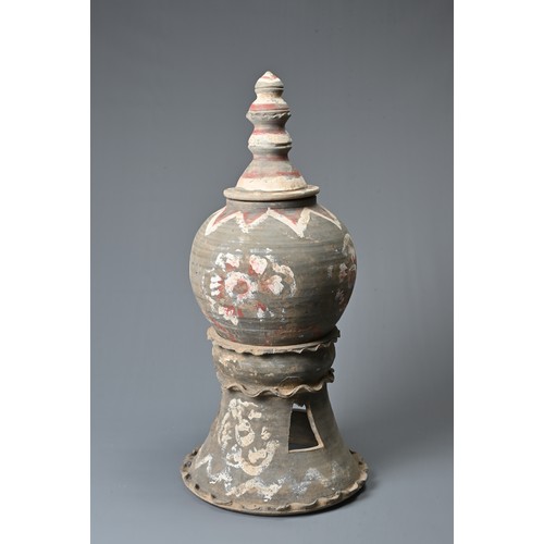 184 - A LARGE CHINESE TANG DYNASTY PAINTED POTTERY THREE-PART STUPA JAR & COVER, TAG DYNASTY (618-906). Th... 