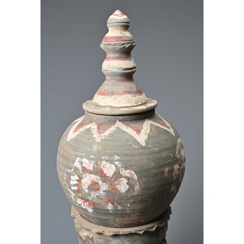 184 - A LARGE CHINESE TANG DYNASTY PAINTED POTTERY THREE-PART STUPA JAR & COVER, TAG DYNASTY (618-906). Th... 