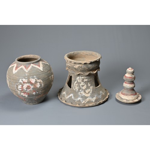 184 - A LARGE CHINESE TANG DYNASTY PAINTED POTTERY THREE-PART STUPA JAR & COVER, TAG DYNASTY (618-906). Th... 