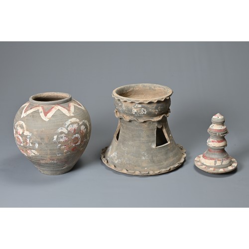 184 - A LARGE CHINESE TANG DYNASTY PAINTED POTTERY THREE-PART STUPA JAR & COVER, TAG DYNASTY (618-906). Th... 