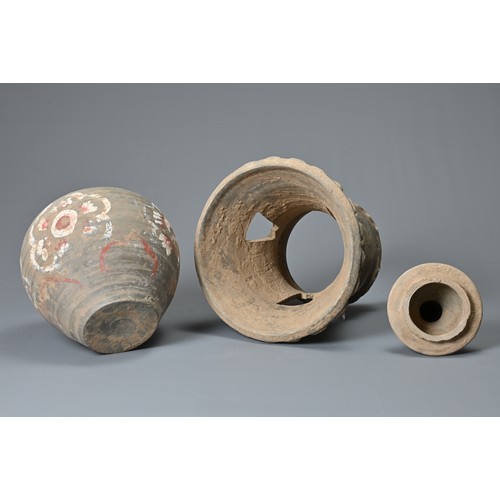 184 - A LARGE CHINESE TANG DYNASTY PAINTED POTTERY THREE-PART STUPA JAR & COVER, TAG DYNASTY (618-906). Th... 