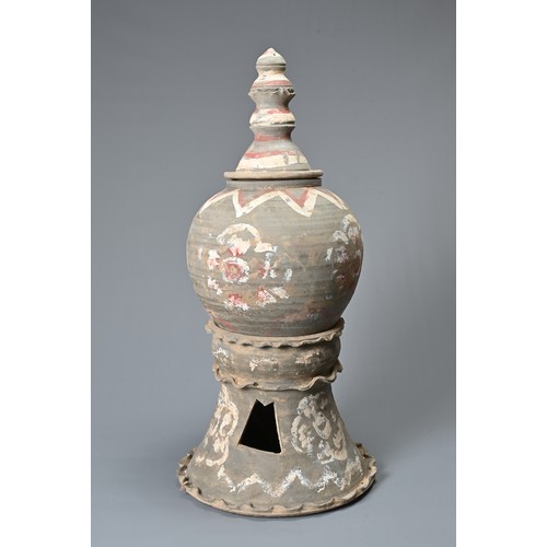184 - A LARGE CHINESE TANG DYNASTY PAINTED POTTERY THREE-PART STUPA JAR & COVER, TAG DYNASTY (618-906). Th... 