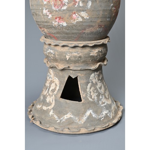 184 - A LARGE CHINESE TANG DYNASTY PAINTED POTTERY THREE-PART STUPA JAR & COVER, TAG DYNASTY (618-906). Th... 