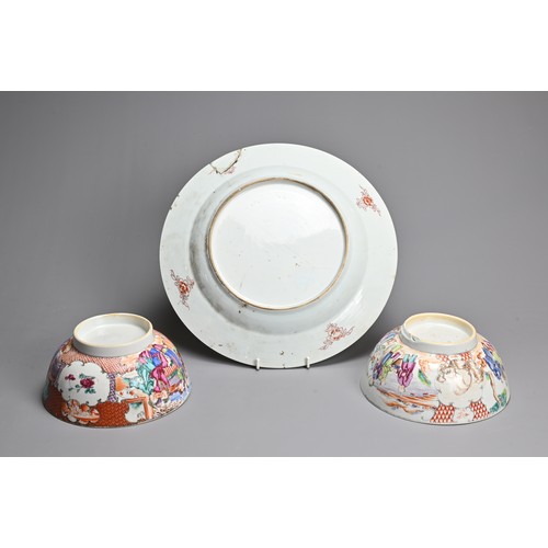 11 - THREE CHINESE EXPORT PORCELAIN ITEMS, 18TH CENTURY. To include a large famille rose dish decorated w... 