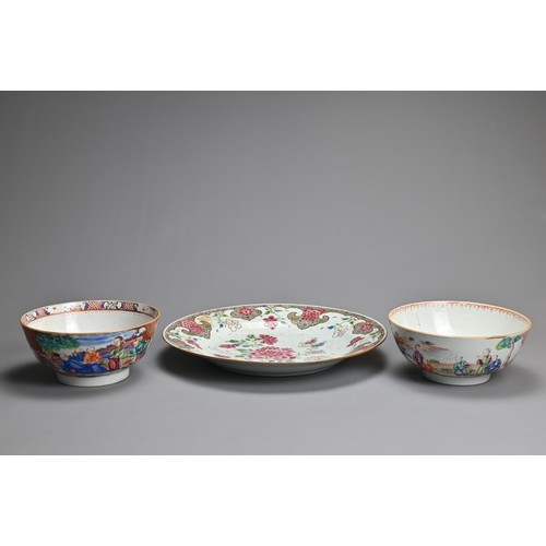 11 - THREE CHINESE EXPORT PORCELAIN ITEMS, 18TH CENTURY. To include a large famille rose dish decorated w... 