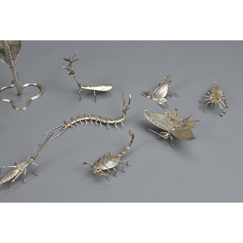 61 - A SET OF TWELVE INDIAN WHITE METAL INSECT AND REPTILE MENU HOLDERS, EARLY 20TH CENTURY. Each differe... 