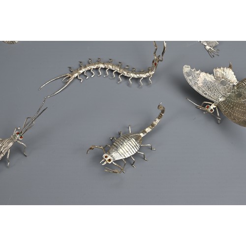 61 - A SET OF TWELVE INDIAN WHITE METAL INSECT AND REPTILE MENU HOLDERS, EARLY 20TH CENTURY. Each differe... 