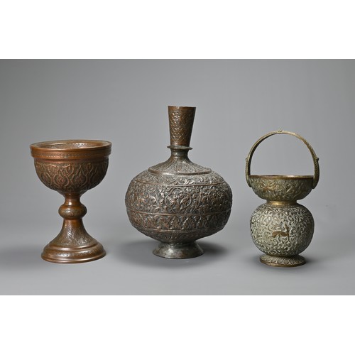 306 - A LATE 19TH/EARLY 20TH CENTURY INDO-PERSIAN TINNED COPPER VASE, A BRASS GLOBULAR HANDLED VASE AND A ... 