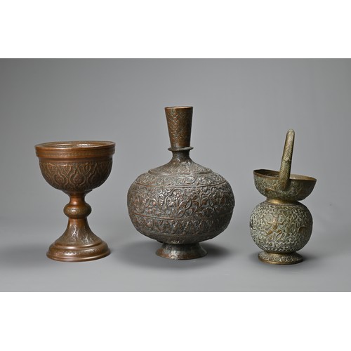 306 - A LATE 19TH/EARLY 20TH CENTURY INDO-PERSIAN TINNED COPPER VASE, A BRASS GLOBULAR HANDLED VASE AND A ... 