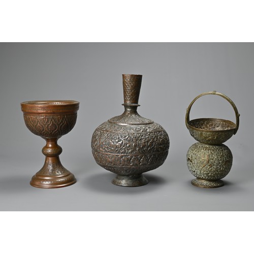 306 - A LATE 19TH/EARLY 20TH CENTURY INDO-PERSIAN TINNED COPPER VASE, A BRASS GLOBULAR HANDLED VASE AND A ... 