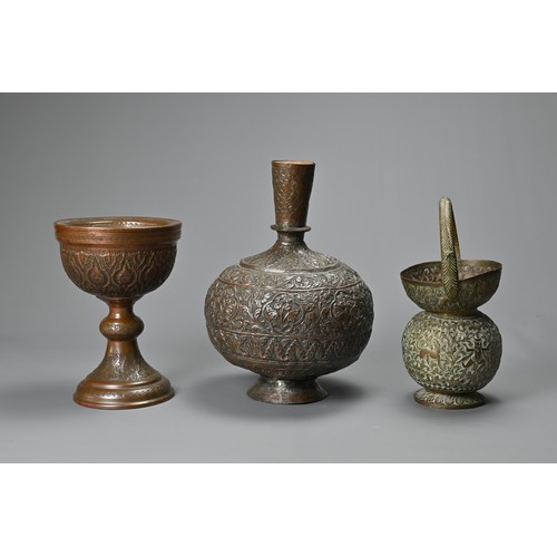 306 - A LATE 19TH/EARLY 20TH CENTURY INDO-PERSIAN TINNED COPPER VASE, A BRASS GLOBULAR HANDLED VASE AND A ... 