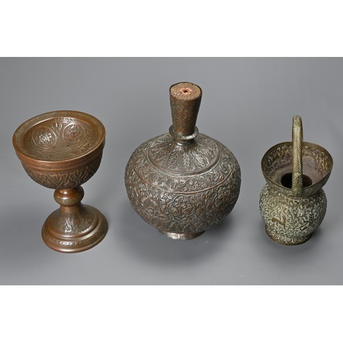 306 - A LATE 19TH/EARLY 20TH CENTURY INDO-PERSIAN TINNED COPPER VASE, A BRASS GLOBULAR HANDLED VASE AND A ... 