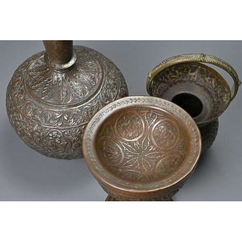 306 - A LATE 19TH/EARLY 20TH CENTURY INDO-PERSIAN TINNED COPPER VASE, A BRASS GLOBULAR HANDLED VASE AND A ... 