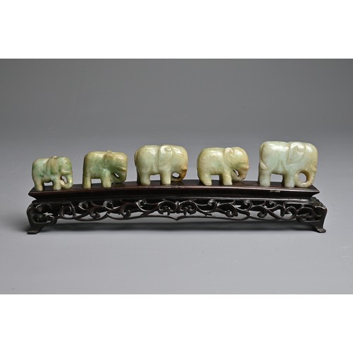 51 - CHINESE JADE ELEPHANT GROUP ON WOODEN STAND, 19/20TH CENTURY. A procession of five individually carv... 