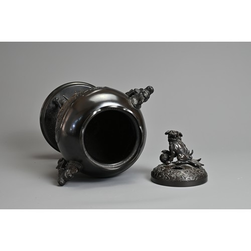 301 - A 20TH CENTURY JAPANESE MEIJI-STYLE BRONZE CENSER AND COVER. Decorated in high relief with lobed car... 