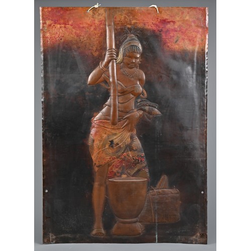 307 - A 20TH CENTURY AFRICAN LARGE EMBOSSED COPPER PLAQUE OF RECTANGULAR FORM. Decorated with an African w... 