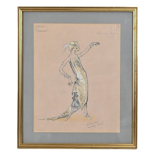 372 - 1930s FASHION ILLUSTRATION, depicting Miss Dora Bryan, pen, gouache and mixed media on paper, inscri... 