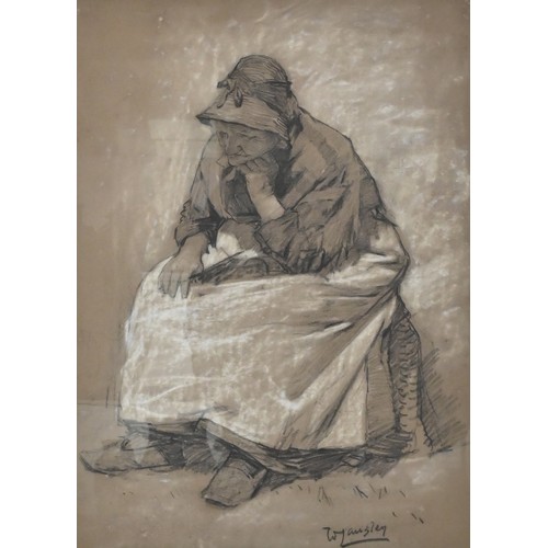 367 - WALTER LANGLEY R.I. (1852-1922) - Old lady in thought, charcoal and chalk on brown paper, signed low... 