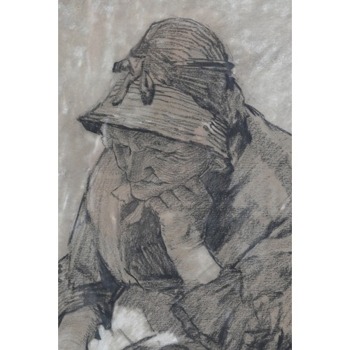 367 - WALTER LANGLEY R.I. (1852-1922) - Old lady in thought, charcoal and chalk on brown paper, signed low... 