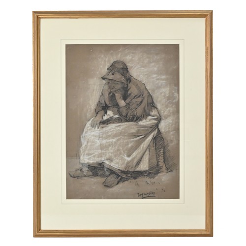 367 - WALTER LANGLEY R.I. (1852-1922) - Old lady in thought, charcoal and chalk on brown paper, signed low... 