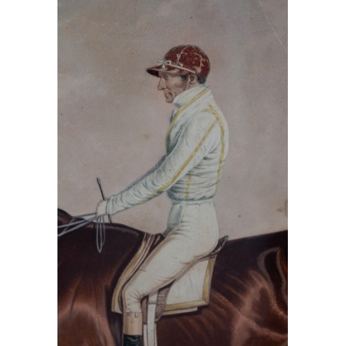 378 - 19TH CENTURY AQUATINT OF RACE HORSE AND JOCKEY, hand coloured, 30 x 40 cm, double mounted, framed an... 