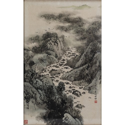 350 - 20TH CENTURY CHINESE LANDSCAPE PAINTING, depicting turbulent river and mountains, inscribed 'Summer ... 