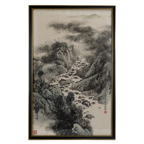 350 - 20TH CENTURY CHINESE LANDSCAPE PAINTING, depicting turbulent river and mountains, inscribed 'Summer ... 