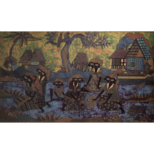 345 - BALINESE SCHOOL, CONTEMPORARY, Village scene with girls at leisure, batik textile, 147 x 89 cm, fram... 