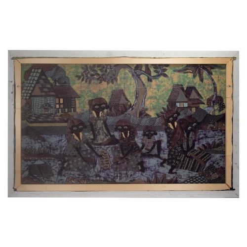 345 - BALINESE SCHOOL, CONTEMPORARY, Village scene with girls at leisure, batik textile, 147 x 89 cm, fram... 