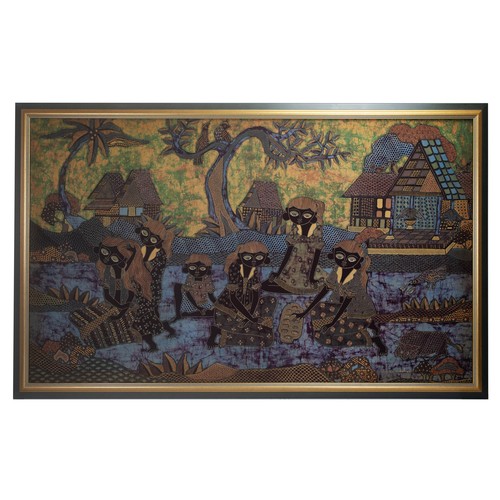 345 - BALINESE SCHOOL, CONTEMPORARY, Village scene with girls at leisure, batik textile, 147 x 89 cm, fram... 