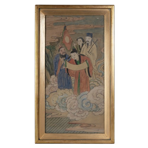 347 - FOUR EARLY 20TH CENTURY CHINESE PAINTINGS, to include: Eight Immortals Battle of the Eastern Sea fig... 