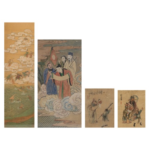 347 - FOUR EARLY 20TH CENTURY CHINESE PAINTINGS, to include: Eight Immortals Battle of the Eastern Sea fig... 