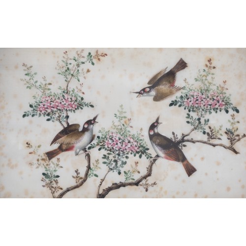 193 - TWO FRAMED CHINESE TRIPTYCH PITH PAINTINGS OF BIRDS, LATE QING - The two outer paintings in each fra... 