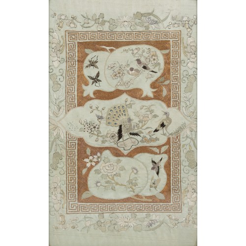 293 - PAIR OF CHINESE 19TH/20TH CENTURY SILK AND GOLD THREAD EMBROIDERIES, fine needlework with birds, flo... 