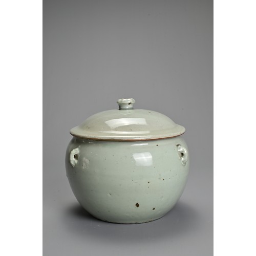 30 - A CHINESE PALE CELADON GLAZED PORCELAIN TUREEN AND COVER, 19TH CENTURY. Rounded pot with four handle... 