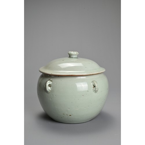 30 - A CHINESE PALE CELADON GLAZED PORCELAIN TUREEN AND COVER, 19TH CENTURY. Rounded pot with four handle... 