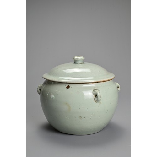 30 - A CHINESE PALE CELADON GLAZED PORCELAIN TUREEN AND COVER, 19TH CENTURY. Rounded pot with four handle... 