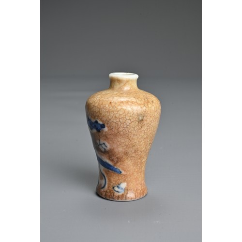 42 - A CHINESE MINIATURE CRACKLE GLAZED BLUE AND WHITE PORCELAIN MEIPING VASE, 18TH CENTURY. Decorated wi... 