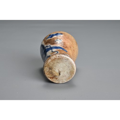 42 - A CHINESE MINIATURE CRACKLE GLAZED BLUE AND WHITE PORCELAIN MEIPING VASE, 18TH CENTURY. Decorated wi... 