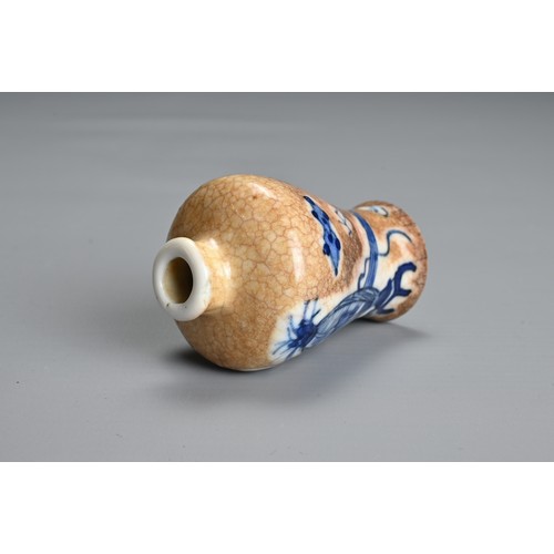 42 - A CHINESE MINIATURE CRACKLE GLAZED BLUE AND WHITE PORCELAIN MEIPING VASE, 18TH CENTURY. Decorated wi... 