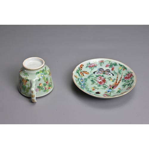 40 - A GROUP OF CHINESE CELADON GROUND PORCELAIN ITEMS, 19TH CENTURY. Decorated in famille rose enamels w... 