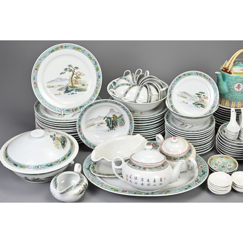 92 - CHINESE VINTAGE DINNER SERVICE, with turquoise ground mun shou decoration, 132 pieces comprising of:... 