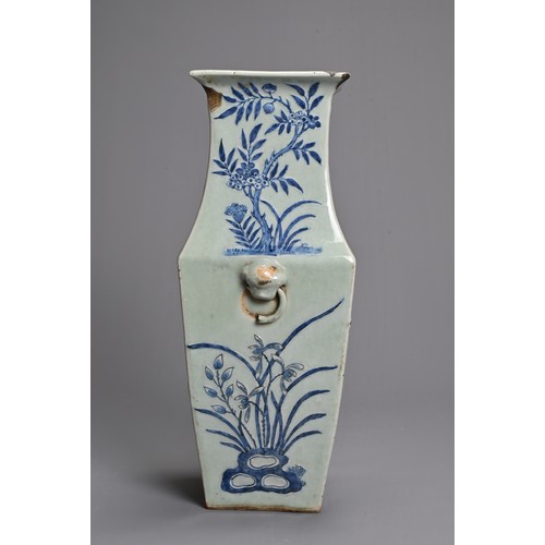 97 - A LARGE CHINESE SQUARE FORM PORCELAIN BALUSTER VASE, 19TH CENTURY. Heavily potted pale celadon groun... 