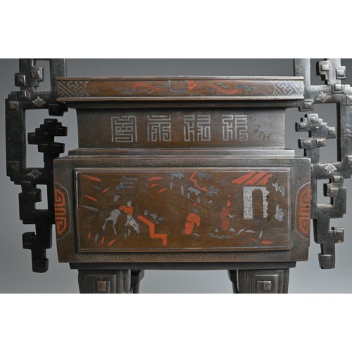 222 - A LARGE AND IMPRESSIVE VIETNAMESE SILVER AND COPPER INLAID BRONZE CENSER ON STAND, 19/20TH CENTURY. ... 