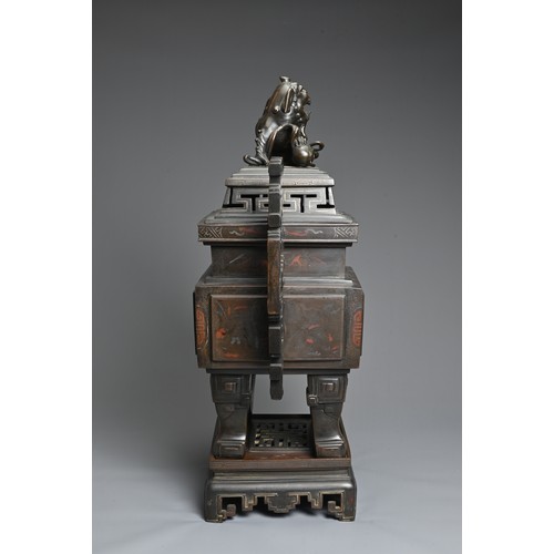 222 - A LARGE AND IMPRESSIVE VIETNAMESE SILVER AND COPPER INLAID BRONZE CENSER ON STAND, 19/20TH CENTURY. ... 