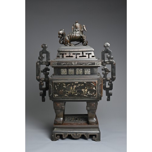 222 - A LARGE AND IMPRESSIVE VIETNAMESE SILVER AND COPPER INLAID BRONZE CENSER ON STAND, 19/20TH CENTURY. ... 