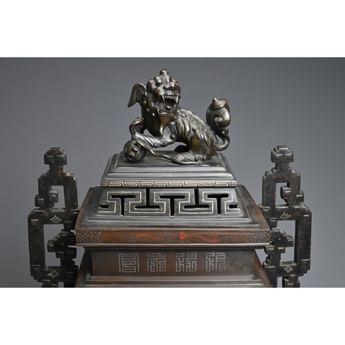 222 - A LARGE AND IMPRESSIVE VIETNAMESE SILVER AND COPPER INLAID BRONZE CENSER ON STAND, 19/20TH CENTURY. ... 